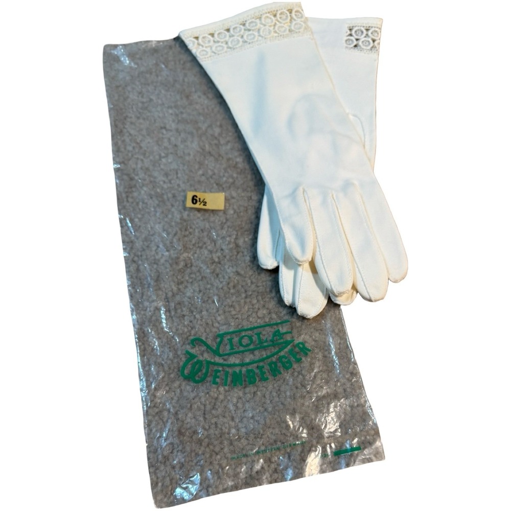 Vintage Viola Weinberger White Dress Gloves‎ Size 6.5  Lace Cuff NOS in Package